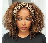 XSY Peluca con diadema de cabello humano con reflejos degradados, pelucas rizadas tipo afro para mujeres negras, pelucas sin encaje frontal, densidad del 150 %, peluca de reflejos 4/27, peluca de 12