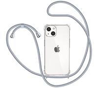 XTCASE Funda para iPhone 13 con Cuerda, Carcasa Transparente Suave TPU Silicona Case con Colgante Correa Ajustable Colgar Collar Correa de Cuello Cadena Cordón, Gris Claro