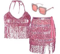Xtinmee Falda de lentejuelas para danza del vientre para circunferencia de cintura con brasier superior de Halloween, falda brillante con flecos para mujer, Rosado, M
