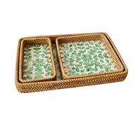 Xtroml Rattan Serving Tray with Mother of Pearl Inlay,Rectangle Rattan Basket, Wicker Storage Basket Wicker Tray for Organizing Decorative Woven Tray for Home Decor Counter,Green Leaves-Set of 3