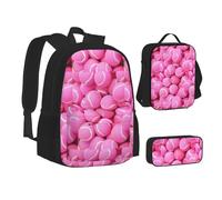 XTWPTOO Juego de mochila escolar 3 en 1 de lona con estampado de pelotas de tenis de color rojo brillante con mochila, bolsa de almuerzo, estuche para estudiantes y adultos, Black, Talla única