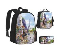 XTWPTOO Paris Street Scene - Juego de mochila escolar 3 en 1 de lona con diseño de la Torre Eiffel con mochila, bolsas de almuerzo, estuche para estudiantes y adultos, Black, Talla única