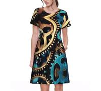 XTYGETY Vestidos de verano de manga corta con estampado de engranajes steampunk para mujer, vestidos de playa en forma de A, vestido de viaje, Negro, XL