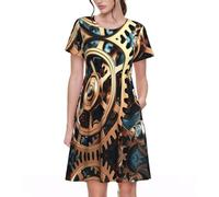 XTYGETY Vestidos de verano de manga corta con estampado de engranajes steampunk para mujer, vestidos de playa en forma de A, vestido de viaje, Negro, 3XL