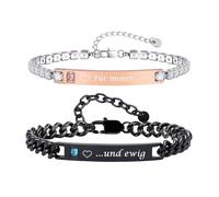 XUANPAI Juego de pulsera para parejas, cadena cubana con circonitas, joyas de acero inoxidable, regalo de San Valentín para él y ella, color negro y oro rosa ajustable, Kleine, Acero inoxidable, No.