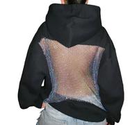 Xuanxi Sudadera con capucha de malla de cristal en la parte trasera, informal, de manga larga, con bolsillos, sudaderas de gran tamaño para mujer, espalda abierta, drapeada en malla de cristal, Negro