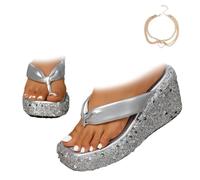 XUANXUANQZ Women's Flip-flops with Thick Soles and Sequins,Comfortable Arch Support Slides with Solid Color,Breathable Summer Orthotic Leather Platform Wedge Flip Flops (Plateado,41)