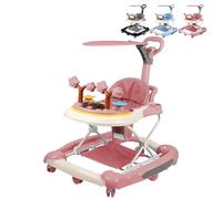 XUANYU 4 en 1 Andador Bebé con Estación de Juego, Carrito de Despertar Caminar Andador con Toldo, Ajustable en Altura, Caminar Andadores para 6-36 Meses Niños y Niñas (Rosa)