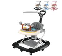 XUANYU 4 en 1 Andador Bebé con Estación de Juego, Carro de Despertar Caminar Andador con Toldo, Ajustable en Altura, Caminar Andadores para 6-36 Meses Niños y Niñas (Negro)