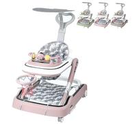 XUANYU 5 en 1 Andador Bebé con Estación de Juego, Carrito de Despertar Caminar Andador con Toldo y Cesta de Baloncesto, Ajustable en Altura, Caminar Andadores para 6-36 Meses Niños y Niñas (Rosa)