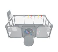 XUANYU Parque Bebe Modulable, Parques Infantil 180x120x66cm, Barrera de Juegos Bebé, Parque Bebé de Tela Oxford, 4 Anillos de Prehensión, 8 Ventosas, 50 Pelotas y Cesta de Baloncesto (Gris)