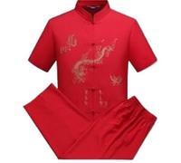 XUCZHAI Traje de Kung Fu Tang con Bordado dragón, Ropa Artes Marciales Wushu, Tai Chi Manga Corta(Red,XL)