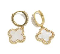 XUDEJUN Pendientes de aro chapados en oro de plata de ley 925 con diseño de trébol con dijes de cristal natural para mujer, 15 millimeters, Plata de ley