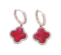 XUDEJUN Pendientes de aro chapados en oro de plata de ley 925 con diseño de trébol con dijes de cristal natural para mujer, 15 millimeters, Plata de ley, Circonia cúbica