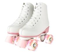 XUDREZ Patines de ruedas para mujeres y niñas, patines blancos iluminados de piel sintética para adultos, para jóvenes, principiantes, al aire libre (color blanco rosa con rueda intermitente rosa, EUR