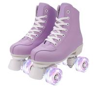 XUDREZ Patines de ruedas para mujeres y niñas, patines Derby para adultos, color verde menta, patines de cuatro ruedas para principiantes, exteriores e interiores (tacón morado y blanco, 35)