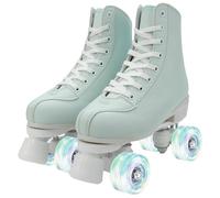 XUDREZ Patines de ruedas para mujeres y niñas, patines Derby para adultos, color verde menta, patines de cuatro ruedas para principiantes, exteriores e interiores (tacón verde y blanco con destellos