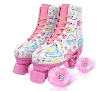 XUDREZ Patines de ruedas para niñas, patines iluminados de doble fila alta, graffiti rosa, patines de cuatro ruedas (blanco con rueda intermitente, 33-8.5 pulgadas, talla 2.5)