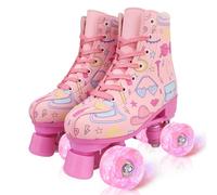 XUDREZ Patines de ruedas para niñas, patines iluminados de doble fila alta, graffiti rosa, patines de cuatro ruedas (color rosa con ruedas intermitentes, 35-9 pulgadas, talla 3.5)