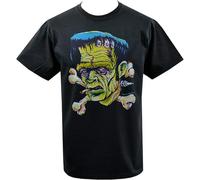 Xue Fu Rong Mens Frankenstein T-Shirt Lowbrow Ratfink Art Horror Monster Cross Bones T-Shirt Black XL