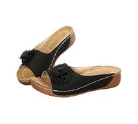 XUEJIANN Pantuflas de cuña negras para mujer, talla 7, ajuste ancho, pantuflas de plataforma, decoración de flores, sandalias ortopédicas, pantuflas de casa para fascitis plantar, ligeras, elegantes y