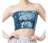 XUEJIANN Parte superior brillante para mujer, fiesta plateada, con lentejuelas, sin tirantes, parte superior de fiesta, brillante, sexy, sin tirantes, top con lentejuelas, azul claro, Talla única