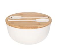 XUEJUN Juego de cuencos de ensalada con servidores, cuencos grandes de 9.8 pulgadas, cuenco de madera maciza de bambú con tapa de bambú, cuchara para frutas, ensaladas y decoración (blanco, 9.8