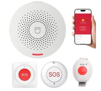 XUK Boton Emergencia Ancianos WiFi Compatible con Tuya - Avisador Personas Mayores Inalámbrico e Impermeable con 1 Receptor, 1 botón Redondo, 1 botón Cuadrado y 1 Pulsera de Alarma, Volumen Ajustable