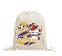 xulisimo Mochila saco personalizada para equipos de fútbol en algodón orgánico, con nombre, dorsal, género y pelo, ligera y resistente hasta 9 kg, ideal para niños y adultos (Madrid, Chica)