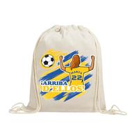 xulisimo Mochila saco personalizada para equipos de fútbol en algodón orgánico, con nombre, dorsal, género y pelo, ligera y resistente hasta 9 kg, ideal para niños y adultos (Las Palmas, Chica)