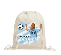 xulisimo Mochila saco personalizada para equipos de fútbol en algodón orgánico, con nombre, dorsal, género y pelo, ligera y resistente hasta 9 kg, ideal para niños y adultos (Celta, Chica)