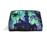 XULLZH Bolsa de aseo portátil con cremallera de piel con estampado de mansión encantada negra para mujer, organizador de artículos de aseo personal, bolsa pequeña de maquillaje, blanco, talla única