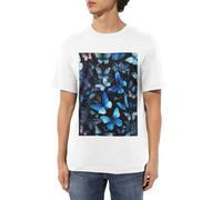 XULLZH Camiseta de manga corta con estampado de mariposas azules y flores blancas para hombre, ligera, transpirable, para todas las ocasiones, Blanco, XXL