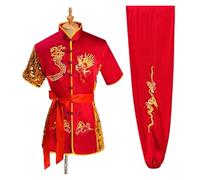 XUMKFJRE Uniforme Tradicional de Wushu con dragón for Hombre y Mujer, Conjunto de Ropa de Kung Fu, Uniforme de Artes Marciales, Tai Chi(Red,160 cm)