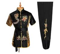 XUMKFJRE Uniforme Tradicional de Wushu con dragón for Hombre y Mujer, Conjunto de Ropa de Kung Fu, Uniforme de Artes Marciales, Tai Chi(Black,130 cm)