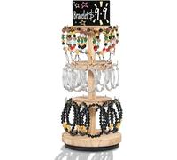 Xummi Soporte para pulsera de 3 niveles, giratorio con cartelera publicitaria, almacenamiento de joyas, 36 ganchos, estantería rústica para llavero, expositor de madera para (natural)