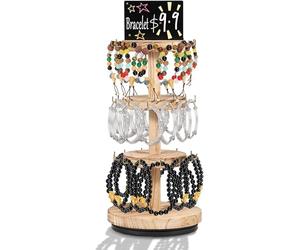 Xummi Soporte para pulsera de 3 niveles, giratorio con cartelera publicitaria, almacenamiento de joyas, 36 ganchos, estantería rústica para llavero, expositor de madera para (natural)