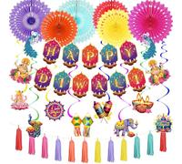 Xunerloy Diwali - Decoración colgante de Diwali, pancarta, remolino, pompones de papel de seda, abanicos, bolas de panal, guirnalda de lunares para decoración de Deepavali, Pooja, Puja