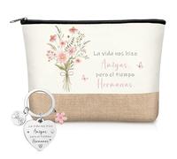 Xuniea 2 Piezas Set de Regalo para Mejor Amiga Set de Regalo para Hermana Bolsa de Cosméticos de Amistad Bolsa de Maquillaje de Yute Llavero de Amiga con Texto Grabado y Flor (Flor)