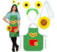 Xuniea 3 Piezas Set de Disfraz de Jardinera para Mujer Delantal Verde de Jardinera Diadema Bolso de Girasol Disfraz de Flor para Adultos Carnaval Fiestas Temáticas Halloween Accesorio Hippie