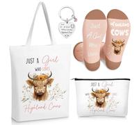 Xuniea 4 piezas de regalos de vaca de las tierras altas para mujeres amantes de las vacas Just a Girl Who Loves Highland Cows bolsa de maquillaje bolso llavero calcetines para Navidad, hermana, amigos
