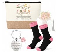 Xuniea 4 piezas de regalos para coordinadores del caos, incluye bolsa de maquillaje para coordinador del caos, calcetines para mujer, llavero de flores, tarjeta de agradecimiento, regalo de