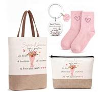 Xuniea 4 Piezas Regalo para Niñera Bolso Tote Neceser Llavero Calcetines de Mujer Tallas 35-39 Regalos de Agradecimiento para Niñera en Cumpleaños, Fin de Año, Fin de Contrato y Navidad