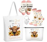 Xuniea 4 regalos de vaca de las tierras altas para mujeres amantes de las vacas Just a Girl Who Loves Highland Cows, bolsa de maquillaje, bolso, llavero, calcetines para Navidad, hermana, amigos