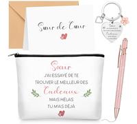 Xuniea Conjunto de 5 Regalos para Amigas Hermanas Bolsa de Maquillaje con Texto Llavero Grabado Colgante Forma Corazón Bolígrafo Rosa Tarjetas de Felicitación y Sobres Regalo Cumpleaños(Hermana)