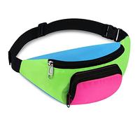 Xuniea Riñonera Retro de Neón de los 80 con 2 Bolsillos Disfraz de los 80 para Mujer Hombre Riñonera para Fiesta de Tema de los 80 Viaje Vacación(Fondo Verde)