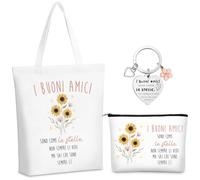 Xuniea Set de 3 Regalos para Colegas Navidad 1 Llavero con Frase 1 Neceser para Amigas 1 Bolso Tote de Lona de Tela para Compañeras Bolsa de Maquillaje para Mujeres Cumpleaños Despedida (Buoni Amici)