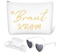 Xuniea Set de 3 Regalos para Novia Bolsa de Cosméticos de Lona Bolsa de Maquillaje Blanca Gafas de Sol de Corazón Pinza de Pelo de Acrílico con Pedrería Accesorios de Boda Despedida de Soltera Mujer