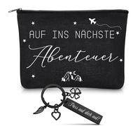 Xuniea Set de Regalo de Despedida de Colega 1 Llavero con Amuleto de Suerte con Grabado Cuídate 1 en hacia la Próxima Aventura Bolsa de Cosméticos para Colegas, Pilotos, Amigos de Viaje