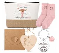 Xuniea Set de Regalo para Niñera (6 Piezas) Regalo de Agradecimiento Neceser de Maquillaje para Niñera Llavero de Agradecimiento Calcetín Etiqueta Colgante sobre Aniversario de Fin de Contrato